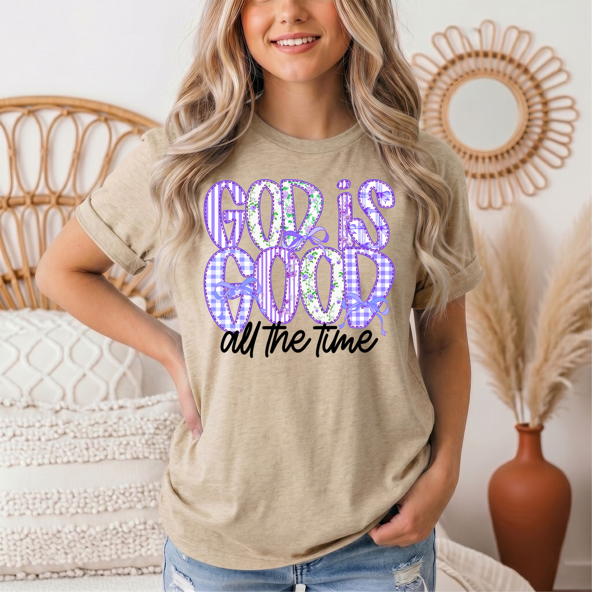 God Is Good All the Time Purple Bow Graphic Tee