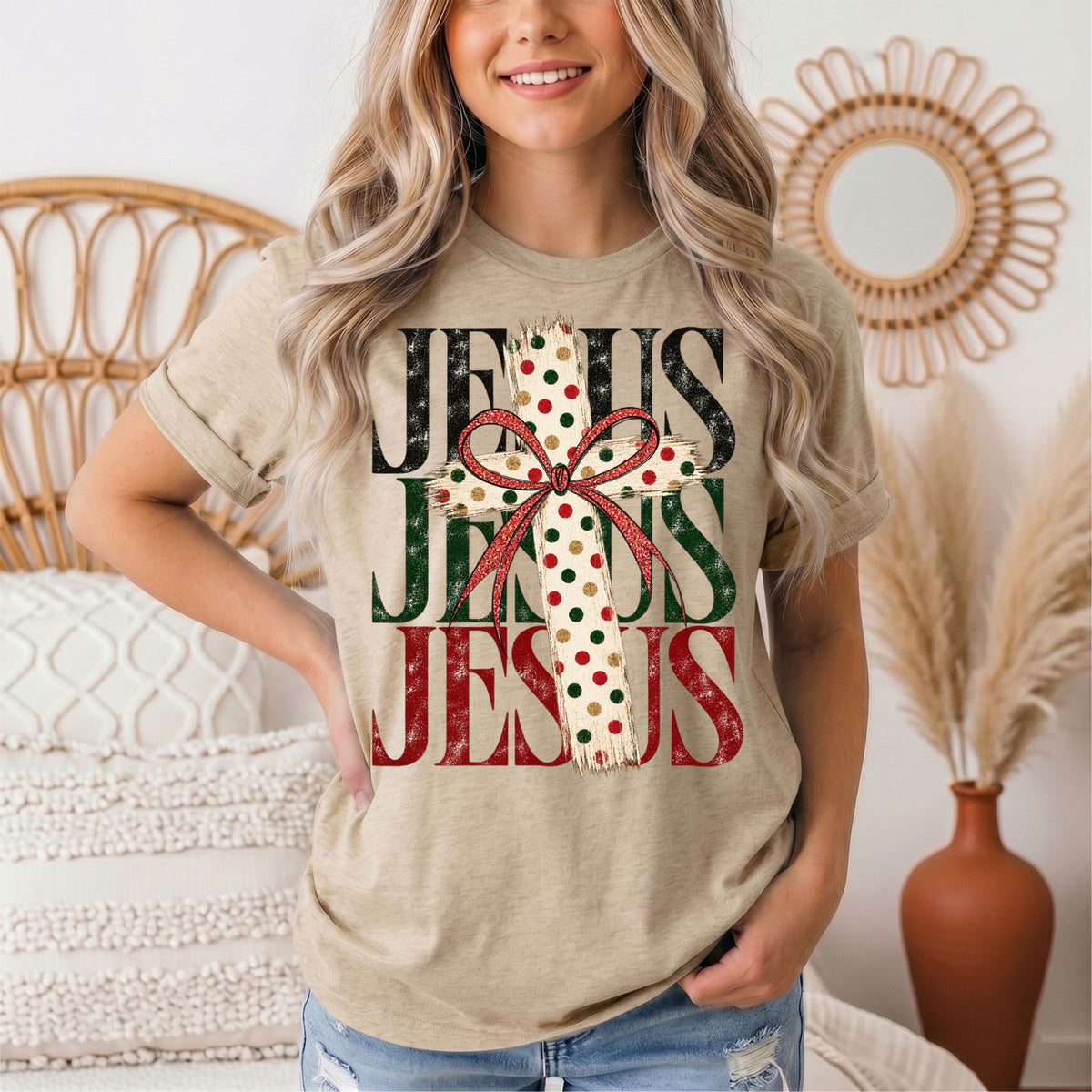 Jesus Christmas Cross & Bow Graphic Tee