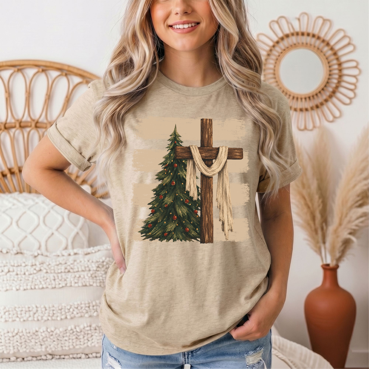 Rustic Cross & Christmas Tree Christian Graphic Tee