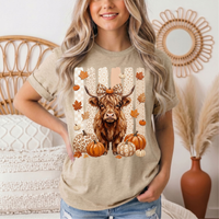 Fall Highland Cow Leopard Bow & Pumpkin Graphic Tee