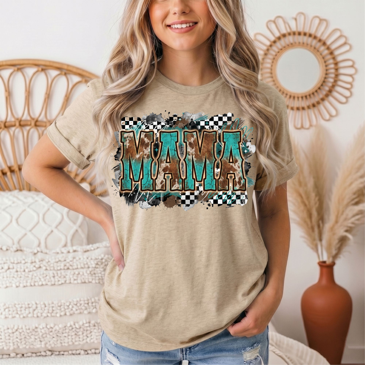Turquoise & Cow Print Mama Western Graphic Tee