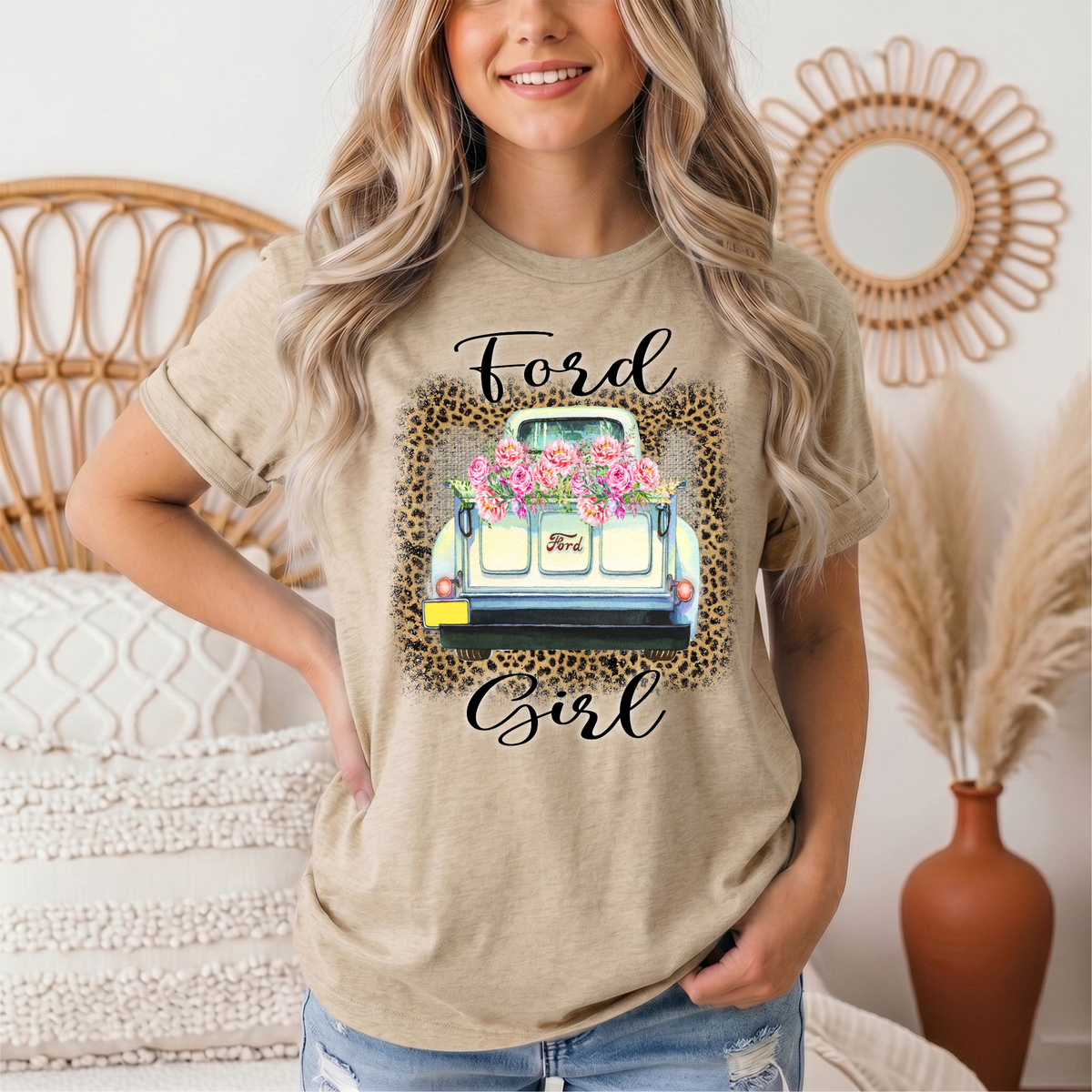 Ford Girl Floral Vintage Truck & Leopard Graphic Tee