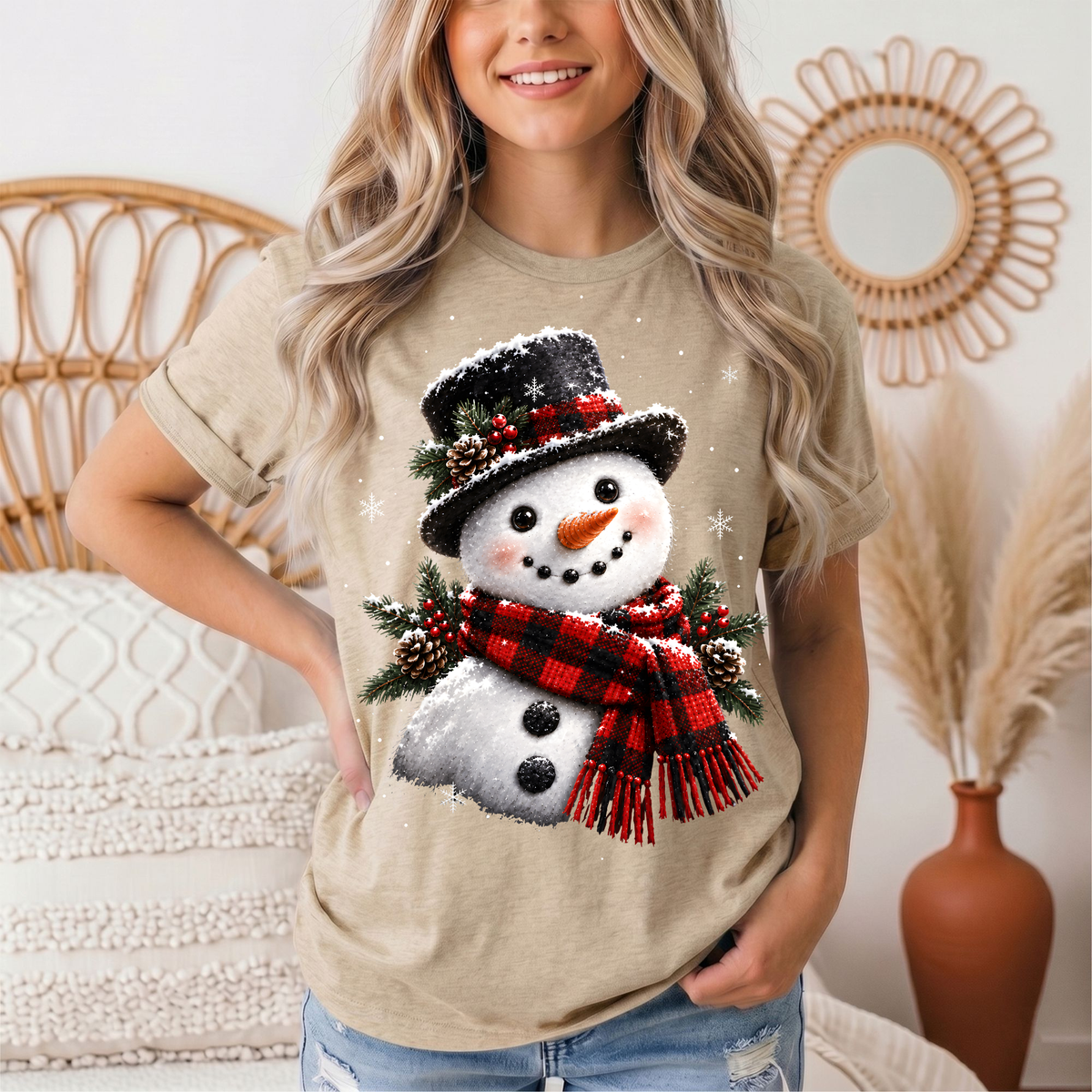 Snowman Buffalo Plaid Scarf Christmas Graphic Tee