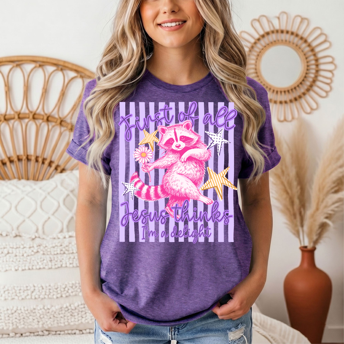 Jesus Thinks I'm a Delight Pink Raccoon Graphic Tee