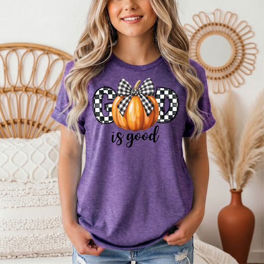 God Is Good Pumpkin & Gingham Bow Graphic Tee