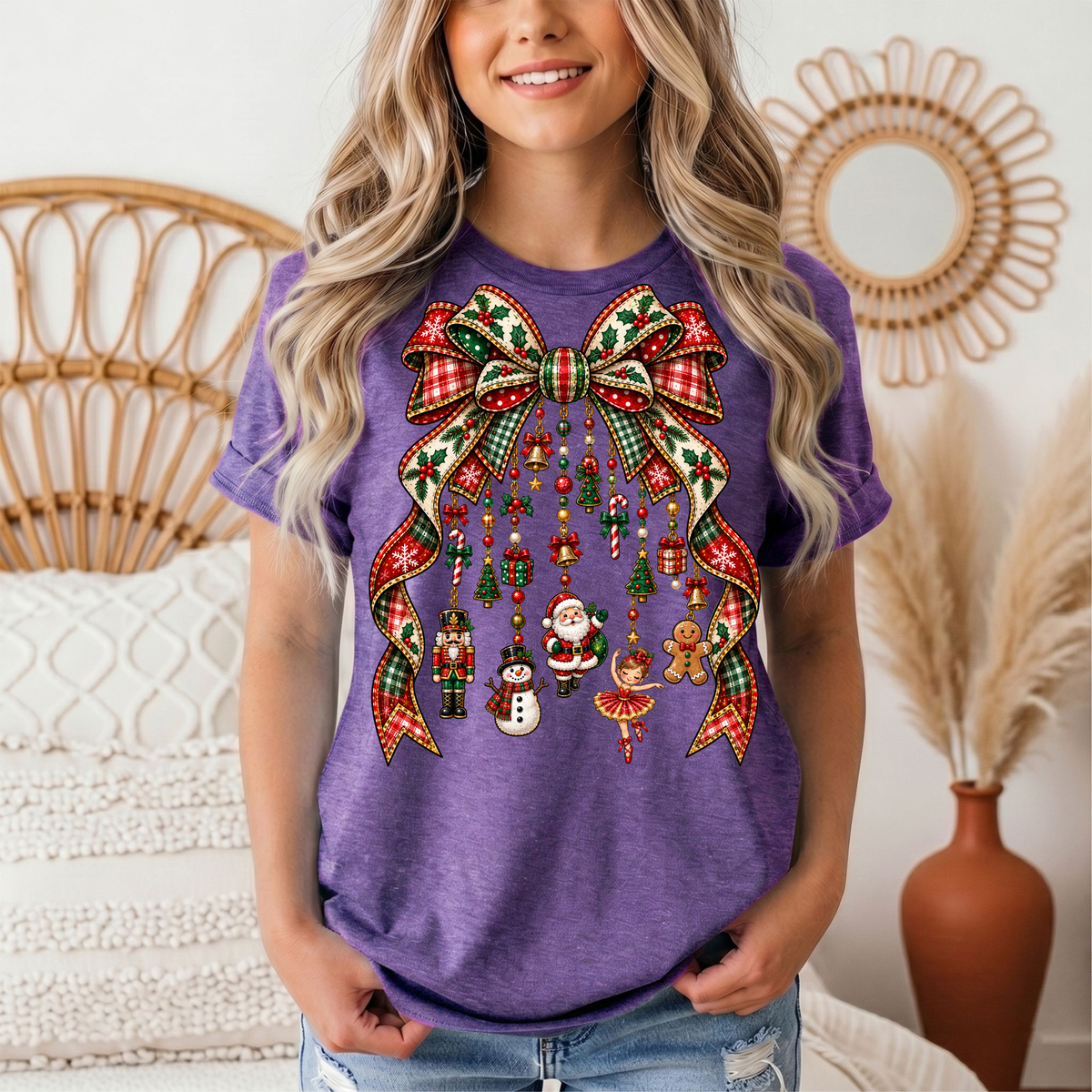 Christmas Plaid Bow & Holiday Charms Graphic Tee