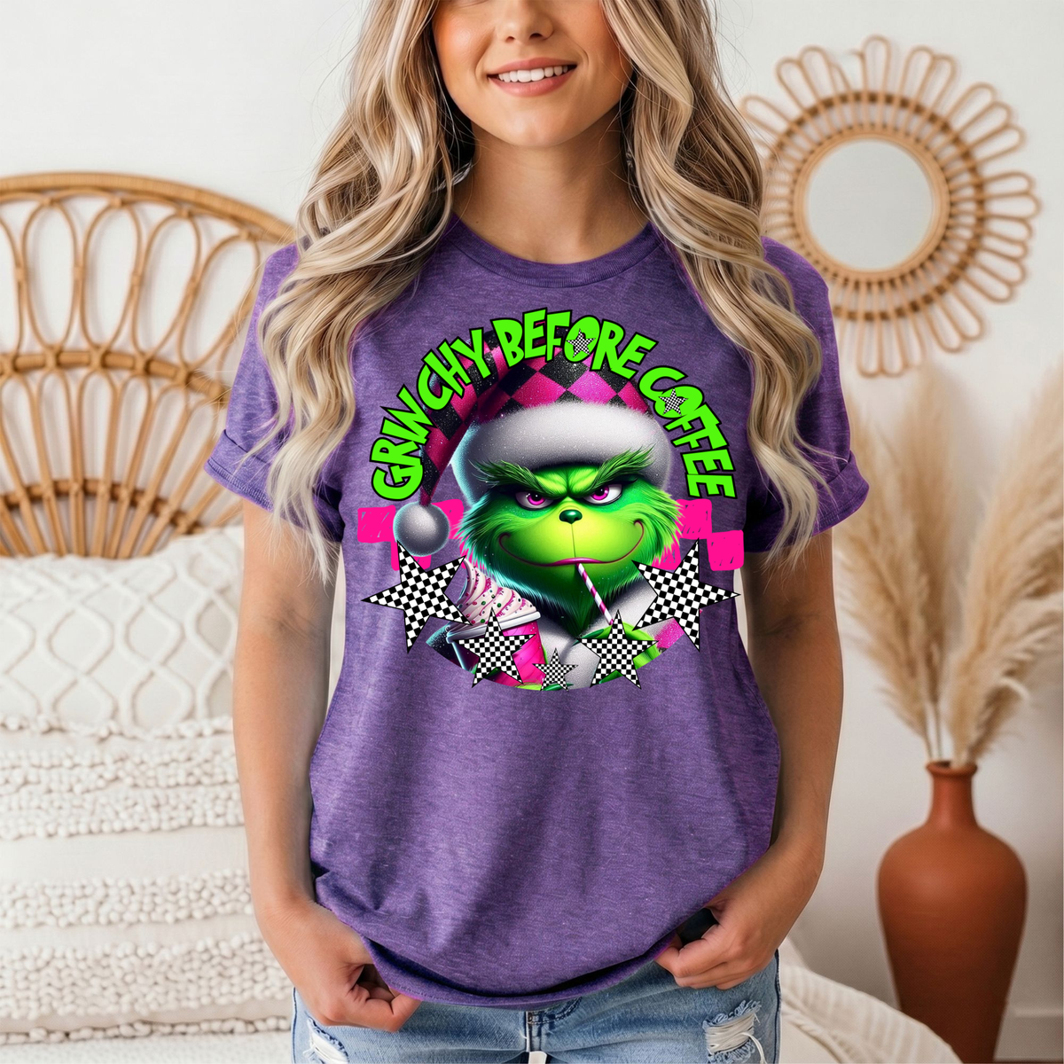 Grinchy Before Coffee Pink Checkerboard Christmas Graphic Tee