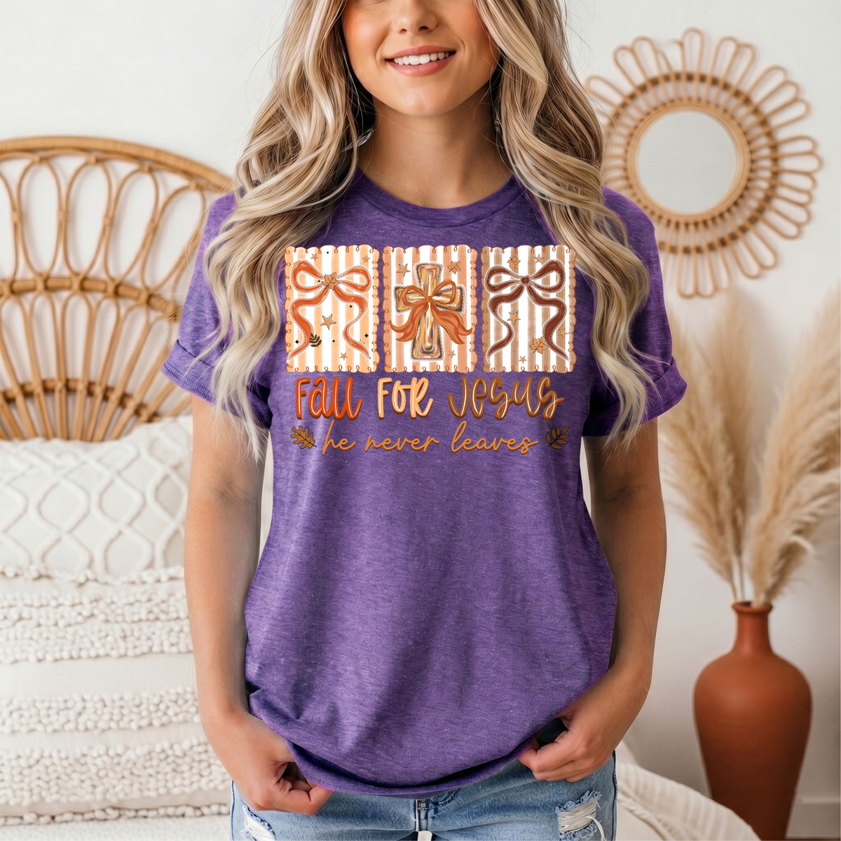Fall for Jesus He Never Leaves Christian Graphic Tee