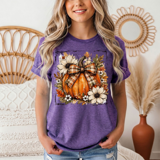 Fall Pumpkin Floral & Plaid Bow Graphic Tee