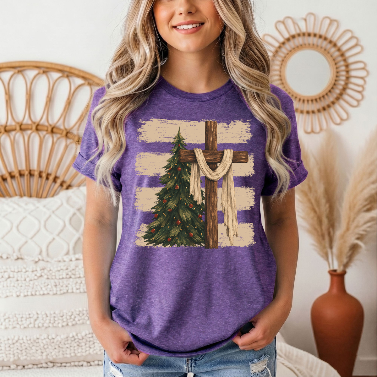 Rustic Cross & Christmas Tree Christian Graphic Tee