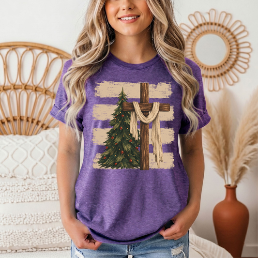 Rustic Cross & Christmas Tree Christian Graphic Tee