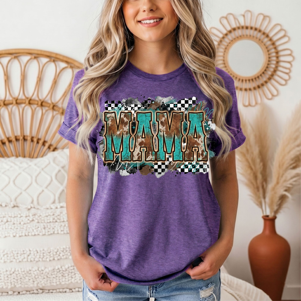 Turquoise & Cow Print Mama Western Graphic Tee