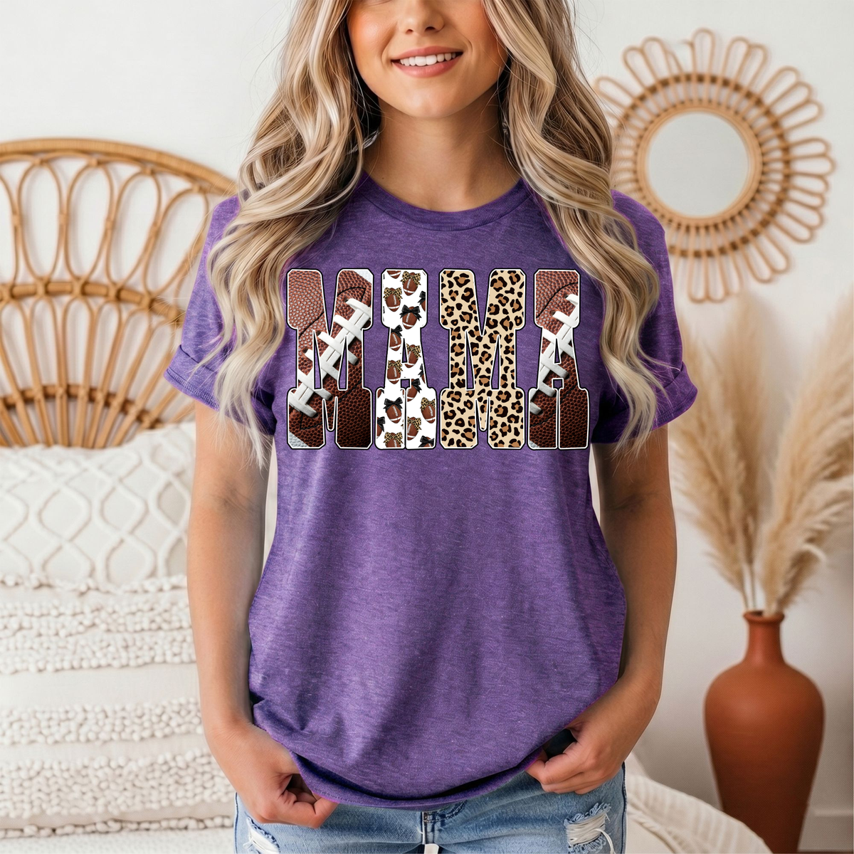 Mama Football & Leopard Mixed Print Graphic Tee