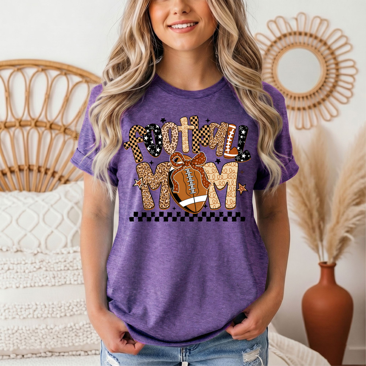 Football Mom Mixed Print Bow & Checkerboard Graphic Tee