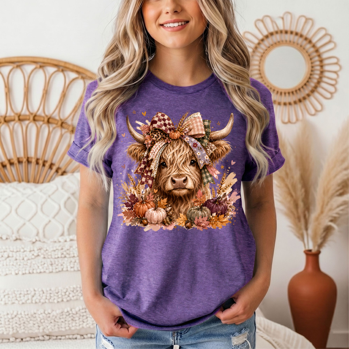 Fall Highland Cow Bow & Pumpkins Graphic Tee