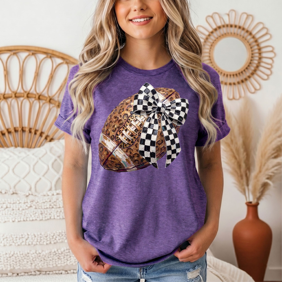Leopard Football & Checkerboard Bow Graphic Tee