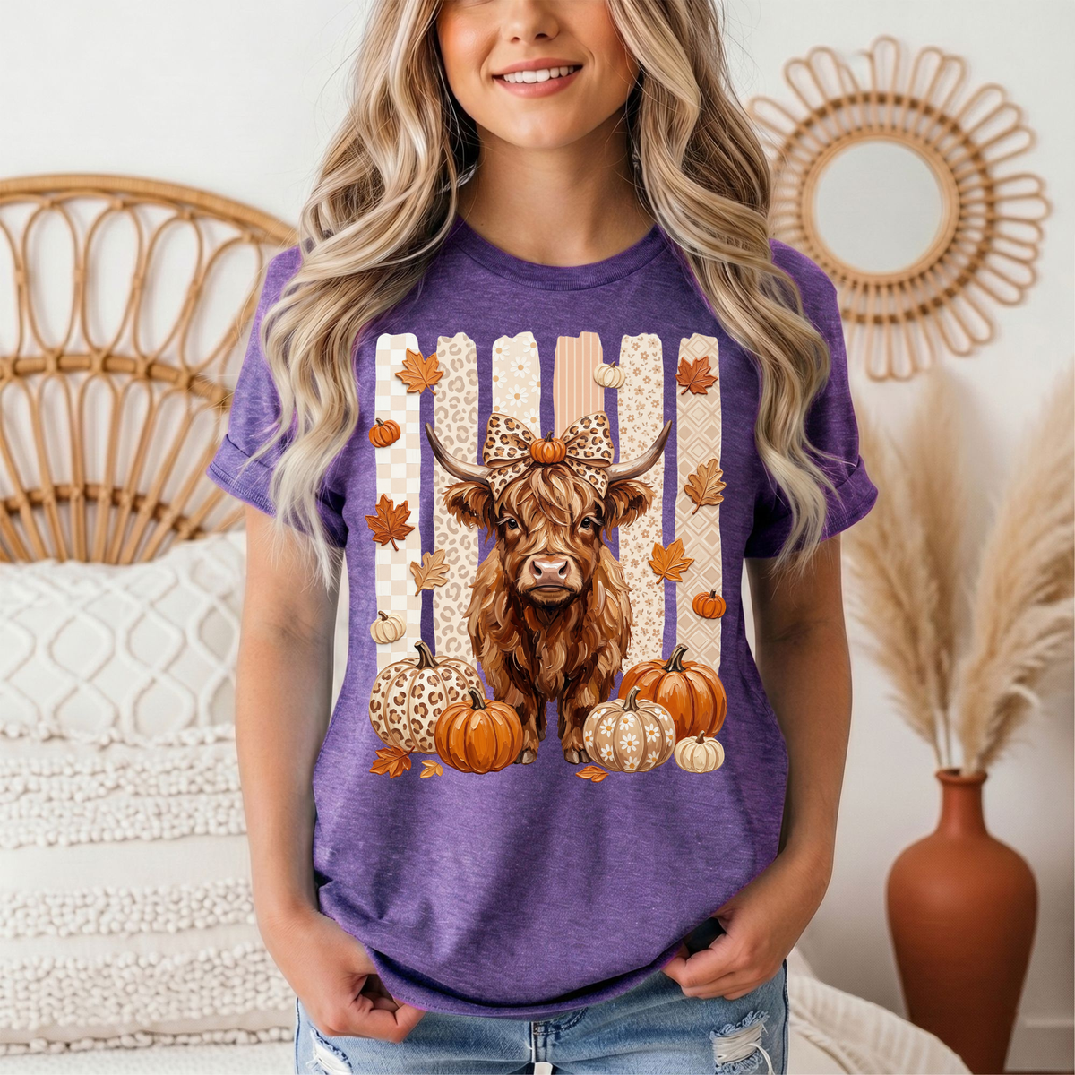 Fall Highland Cow Leopard Bow & Pumpkin Graphic Tee