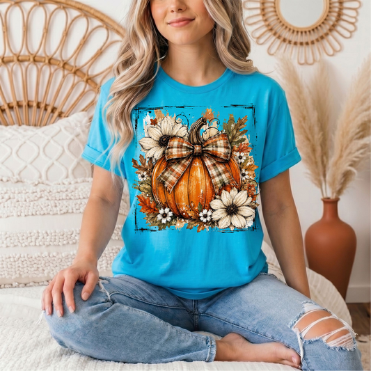 Fall Pumpkin Floral & Plaid Bow Graphic Tee