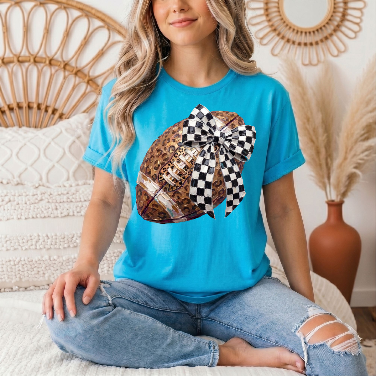Leopard Football & Checkerboard Bow Graphic Tee