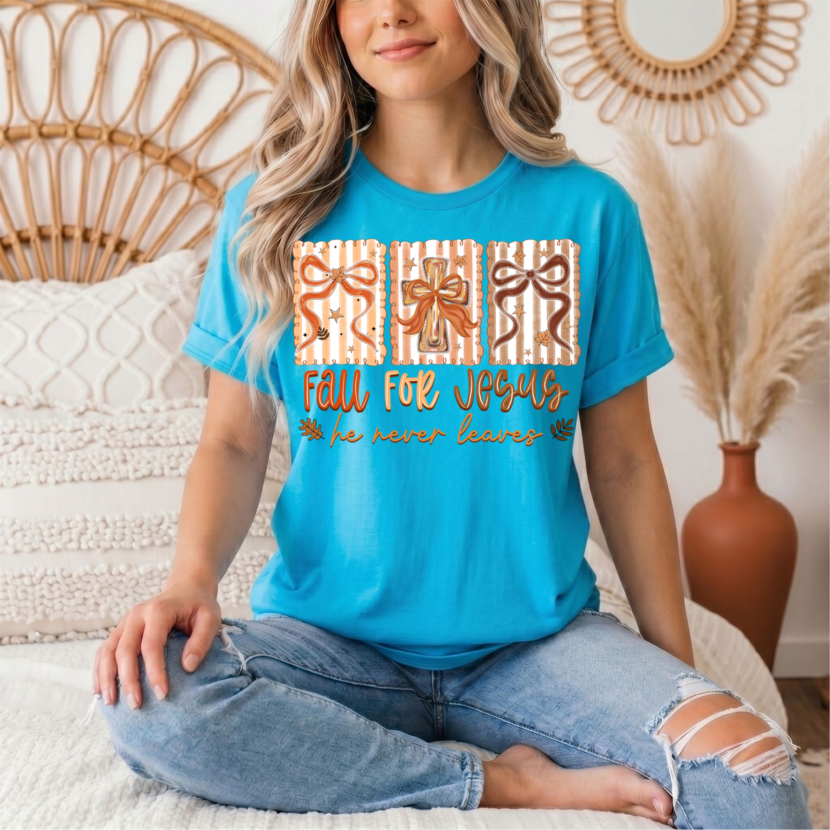Fall for Jesus He Never Leaves Christian Graphic Tee