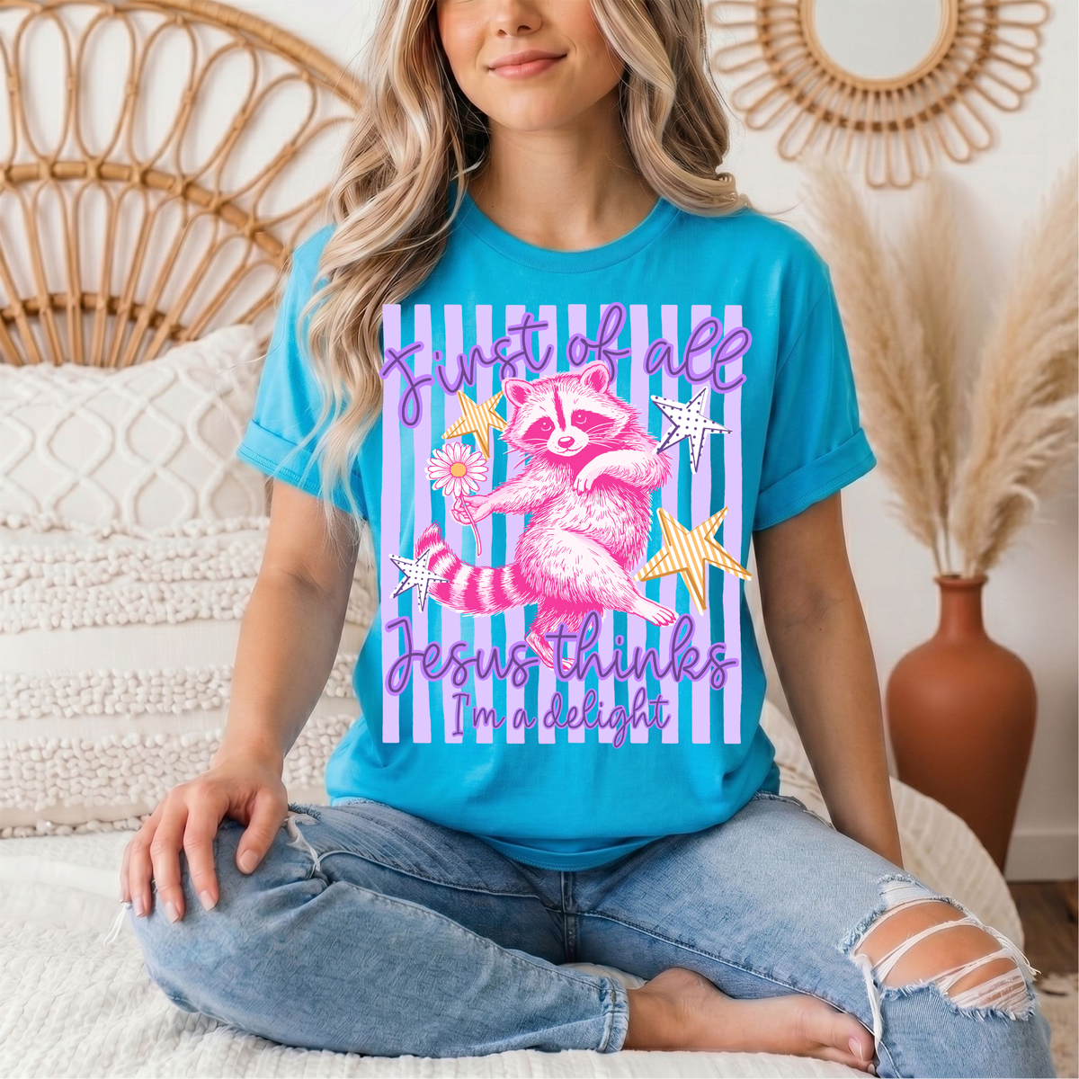 Jesus Thinks I'm a Delight Pink Raccoon Graphic Tee