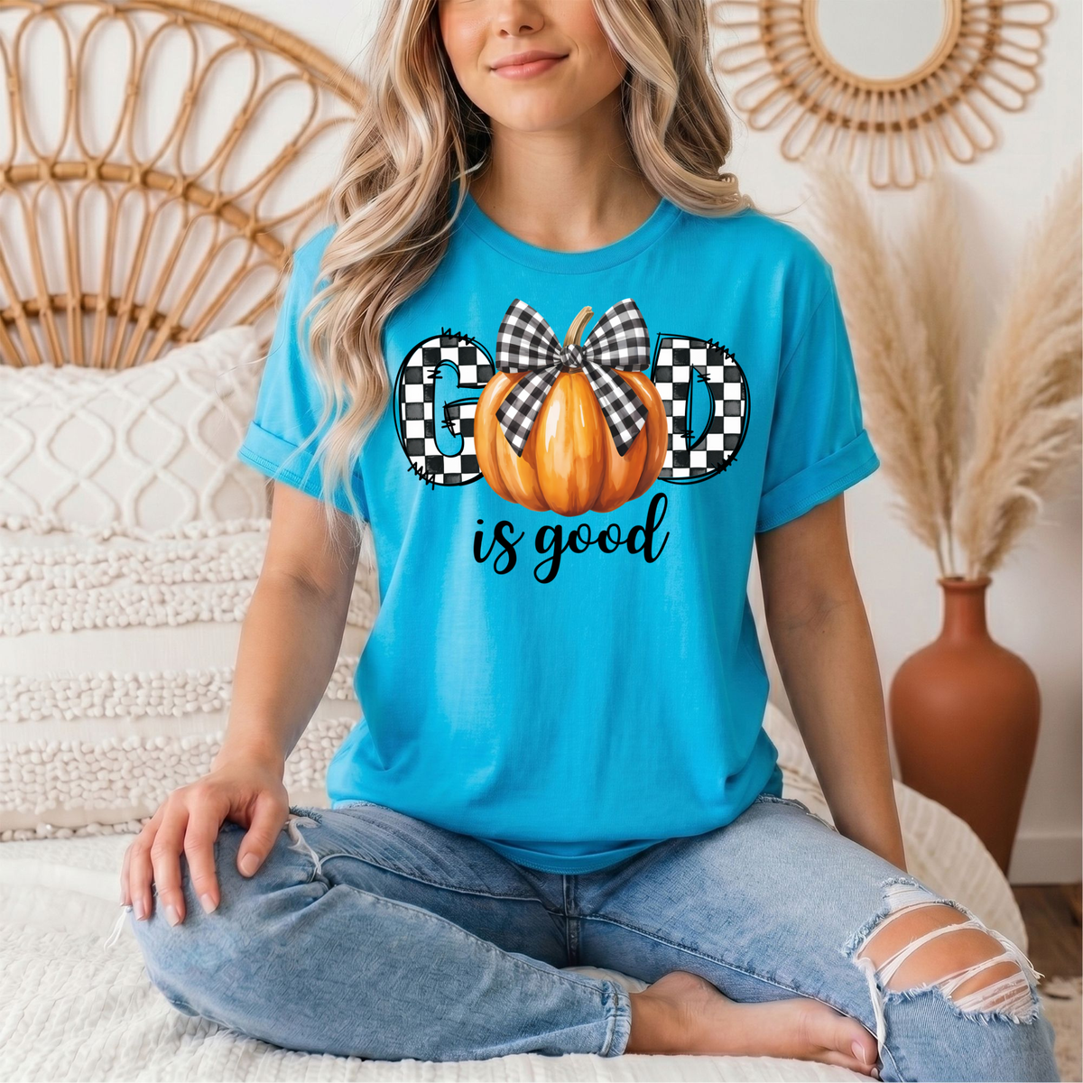 God Is Good Pumpkin & Gingham Bow Graphic Tee