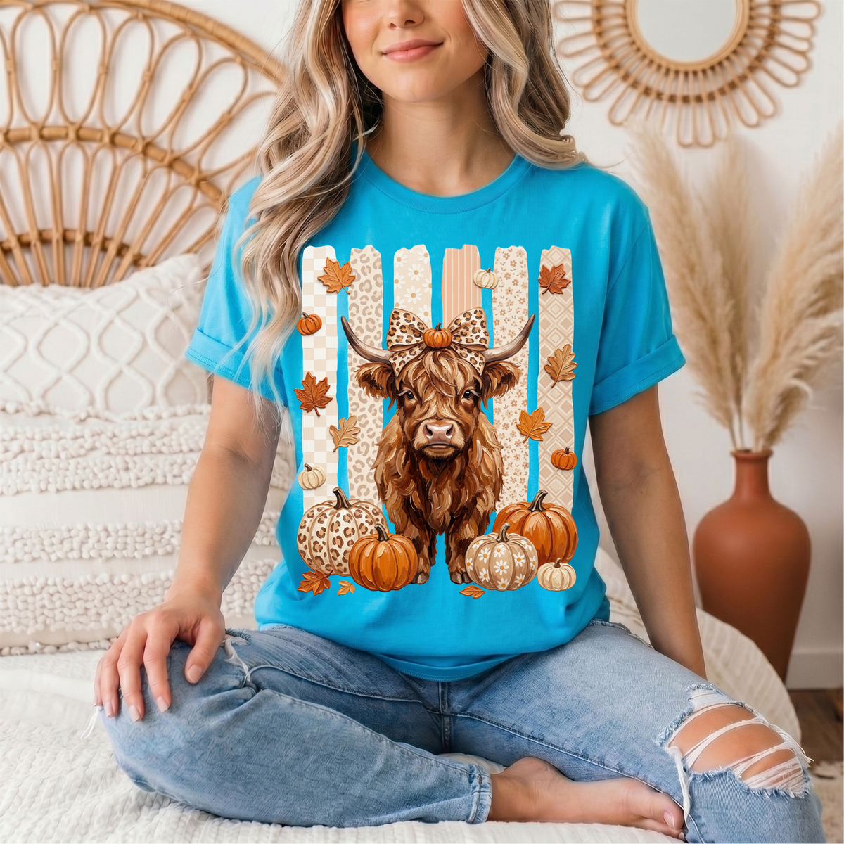Fall Highland Cow Leopard Bow & Pumpkin Graphic Tee