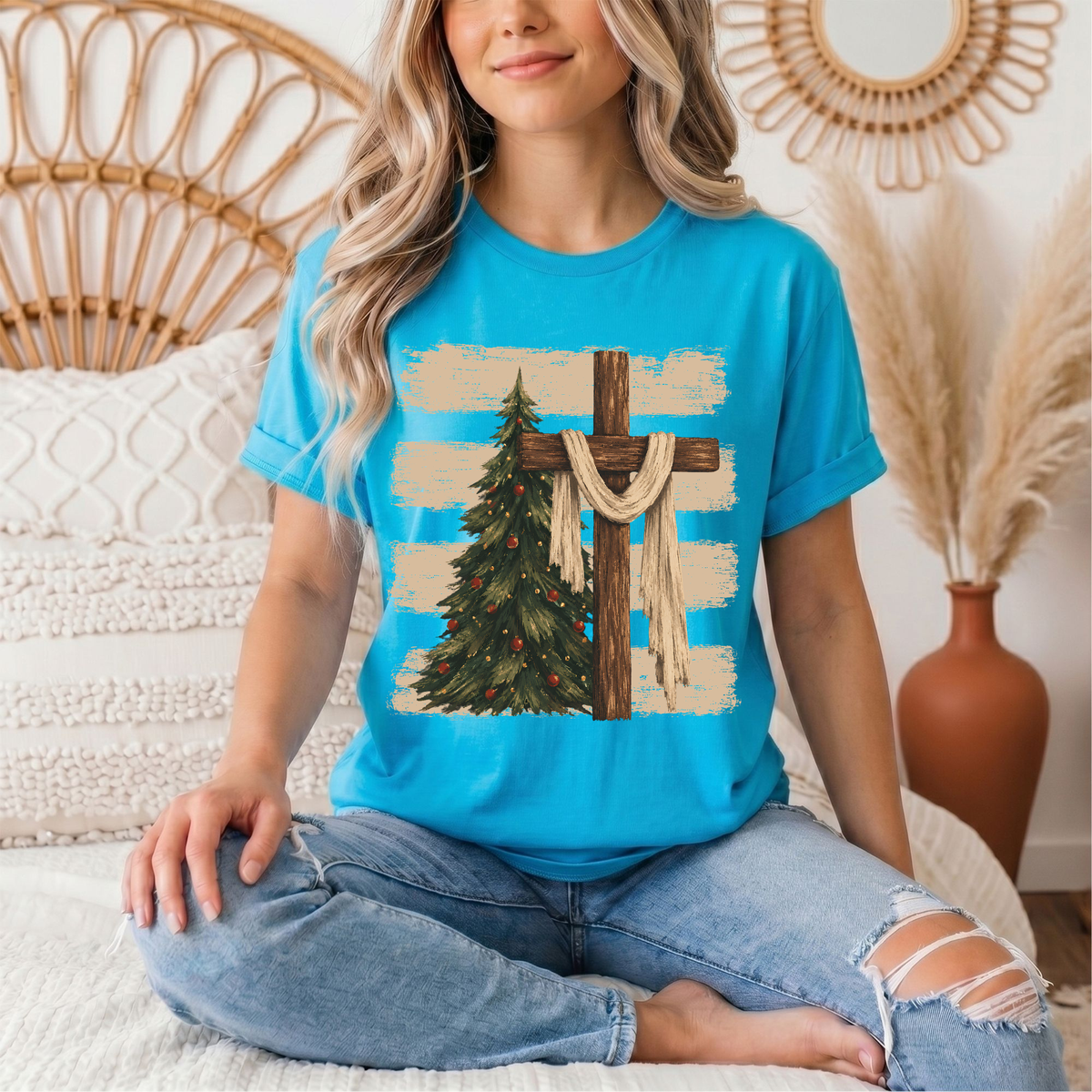 Rustic Cross & Christmas Tree Christian Graphic Tee
