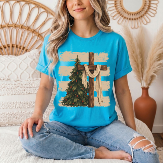 Rustic Cross & Christmas Tree Christian Graphic Tee