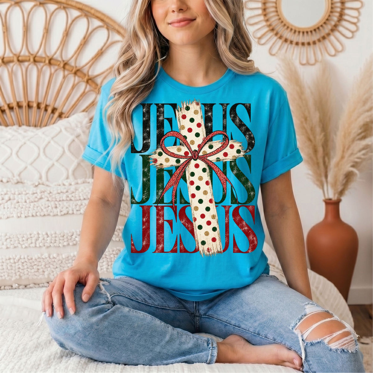 Jesus Christmas Cross & Bow Graphic Tee
