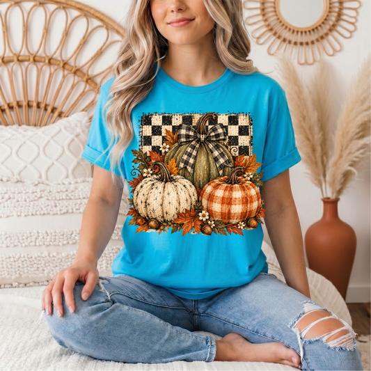 Rustic Fall Pumpkin Trio & Gingham Bow Graphic Tee