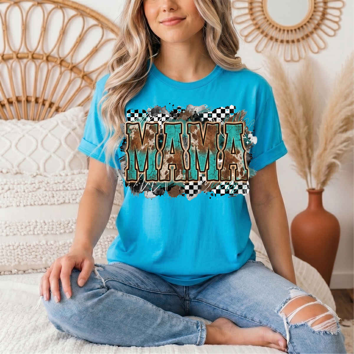 Turquoise & Cow Print Mama Western Graphic Tee