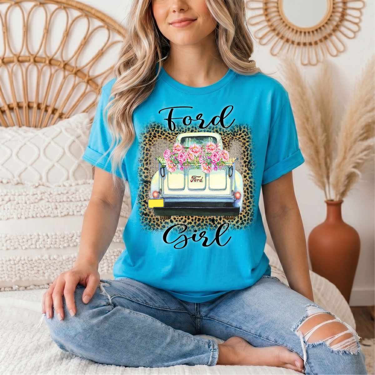 Ford Girl Floral Vintage Truck & Leopard Graphic Tee