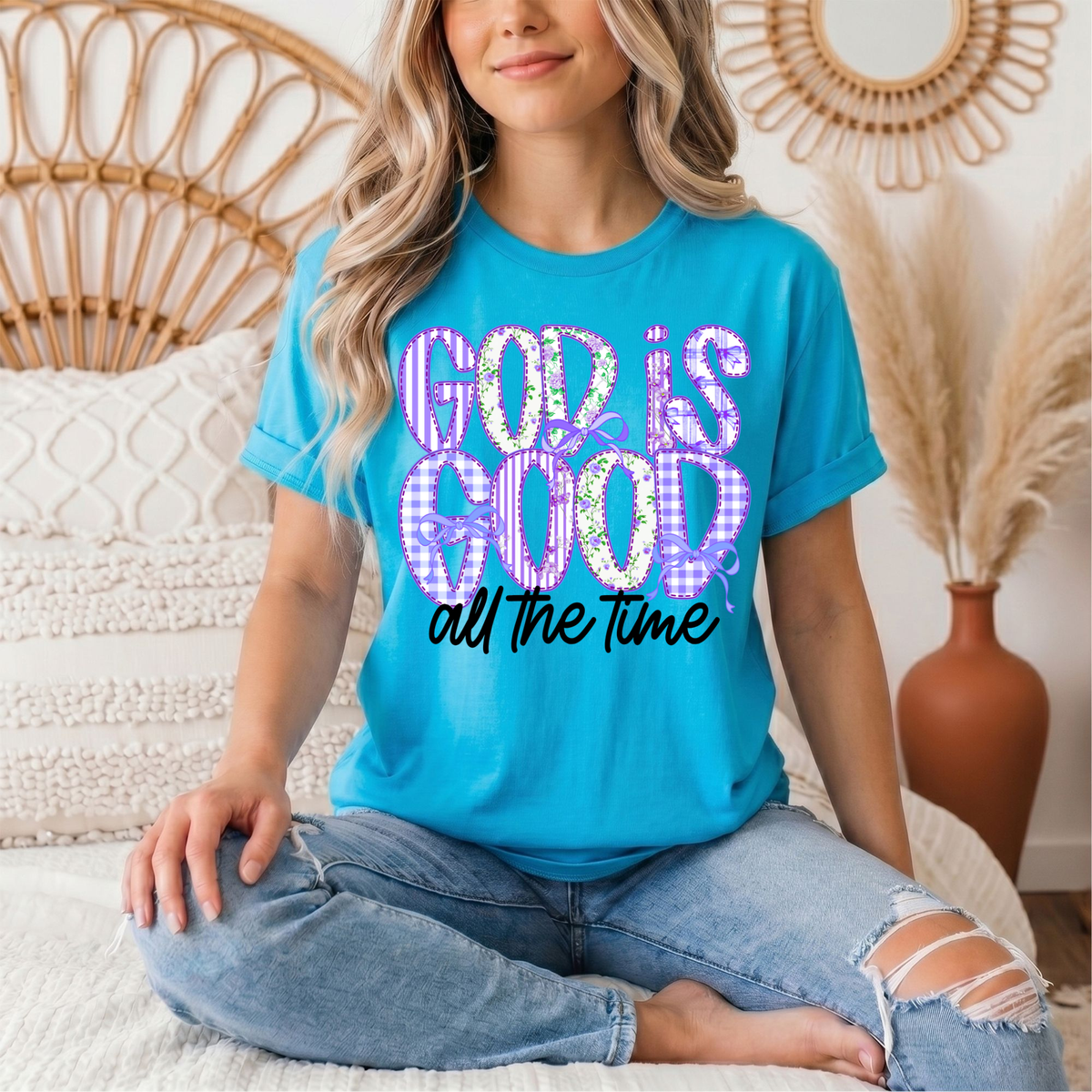 God Is Good All the Time Purple Bow Graphic Tee