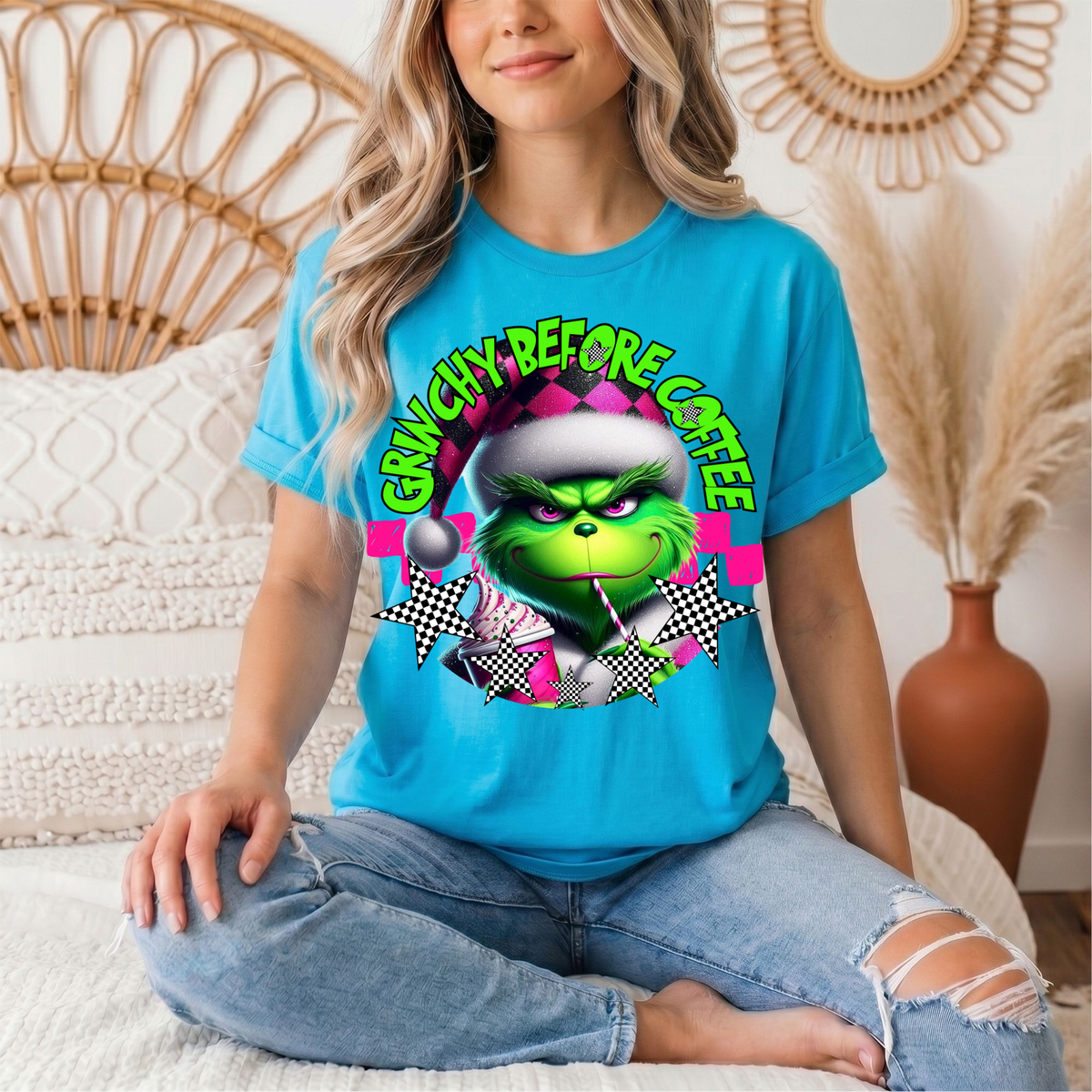 Grinchy Before Coffee Pink Checkerboard Christmas Graphic Tee