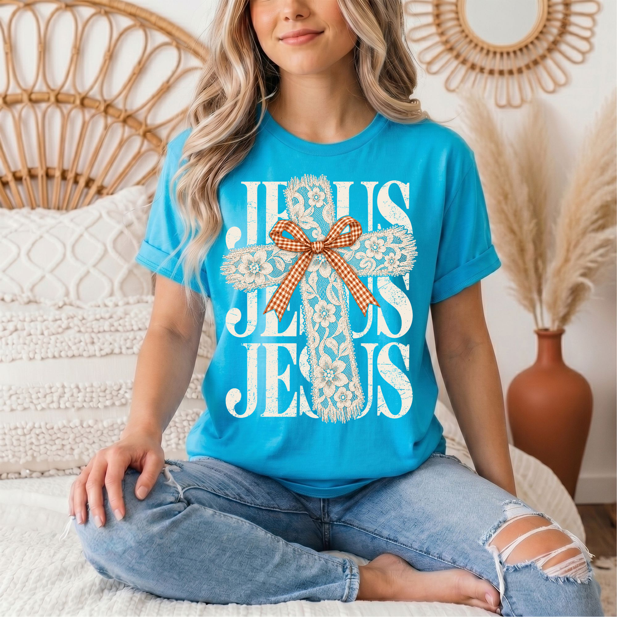 Jesus Lace Cross & Gingham Bow Christian Graphic Tee