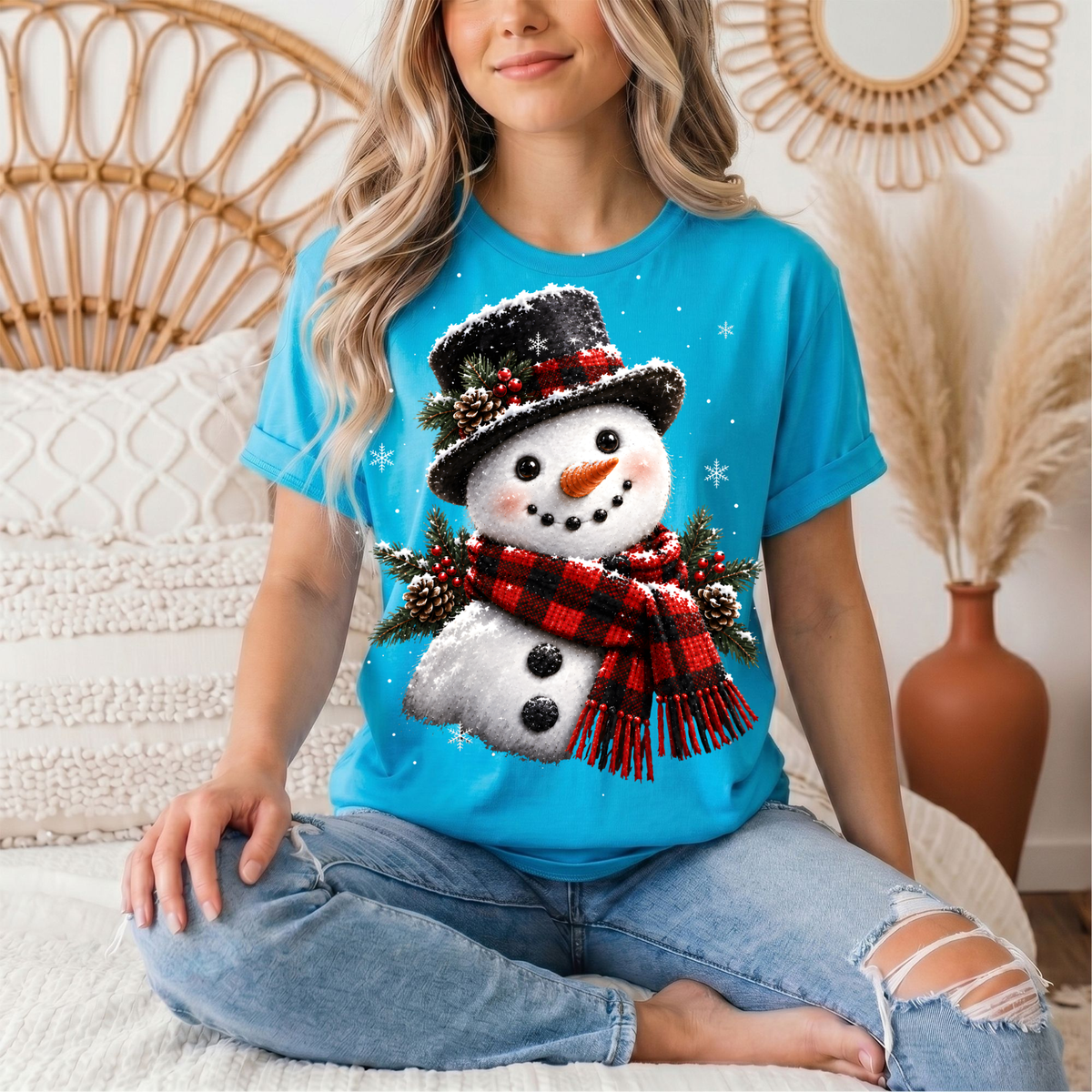 Snowman Buffalo Plaid Scarf Christmas Graphic Tee