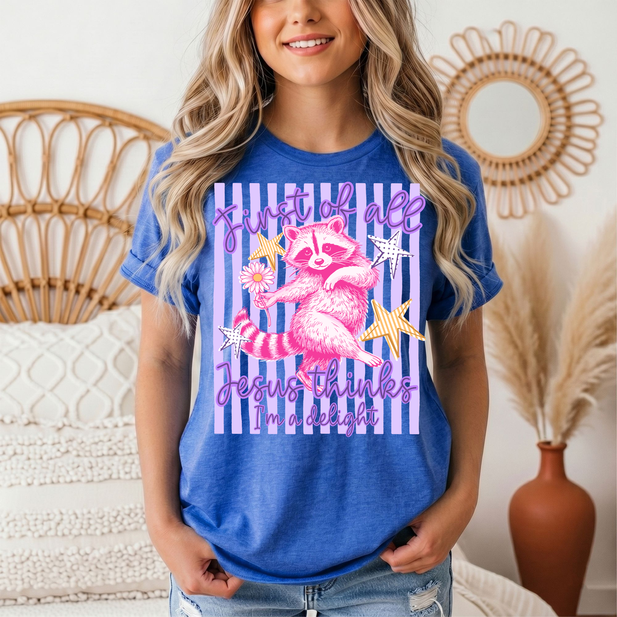 Jesus Thinks I'm a Delight Pink Raccoon Graphic Tee