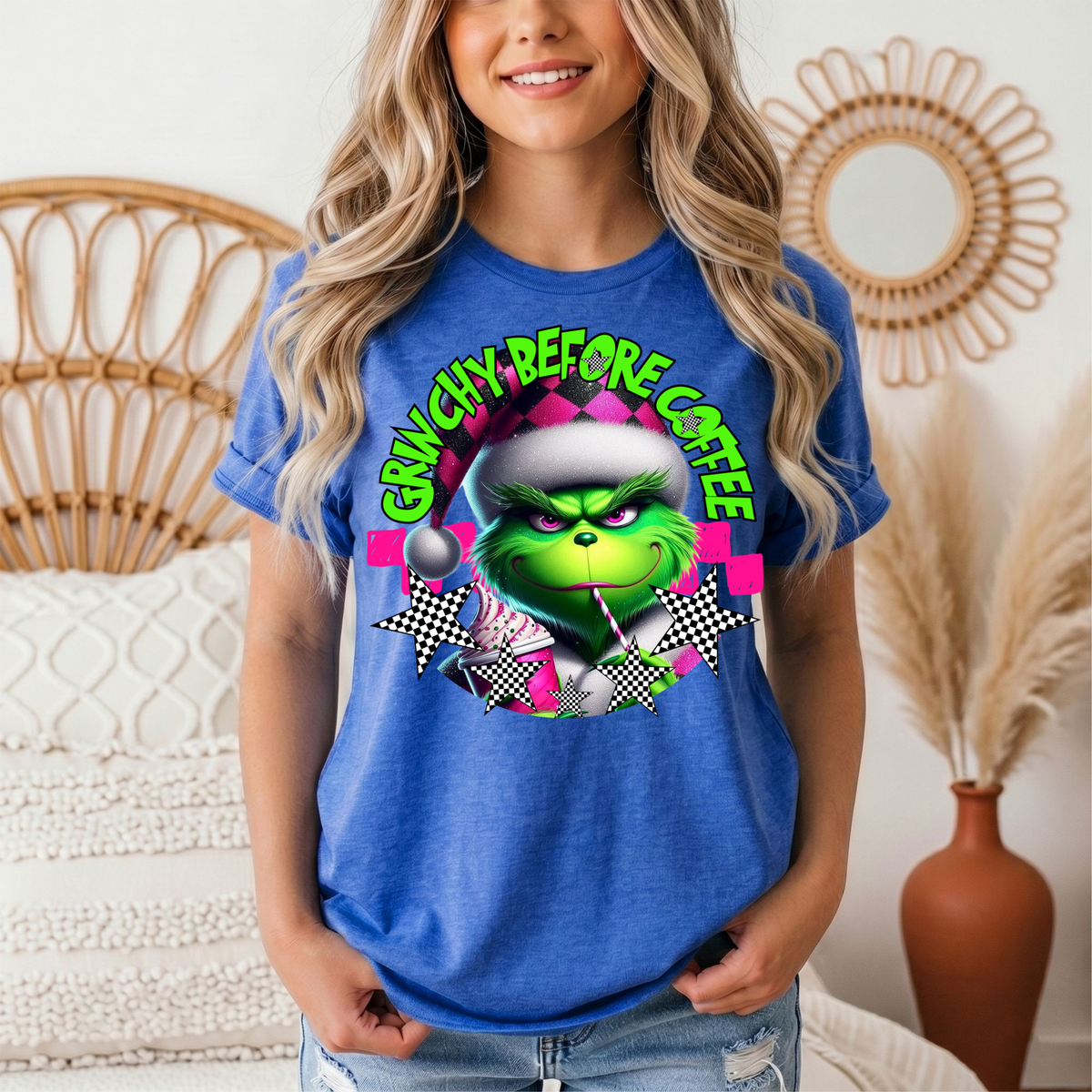 Grinchy Before Coffee Pink Checkerboard Christmas Graphic Tee