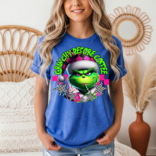 Grinchy Before Coffee Pink Checkerboard Christmas Graphic Tee