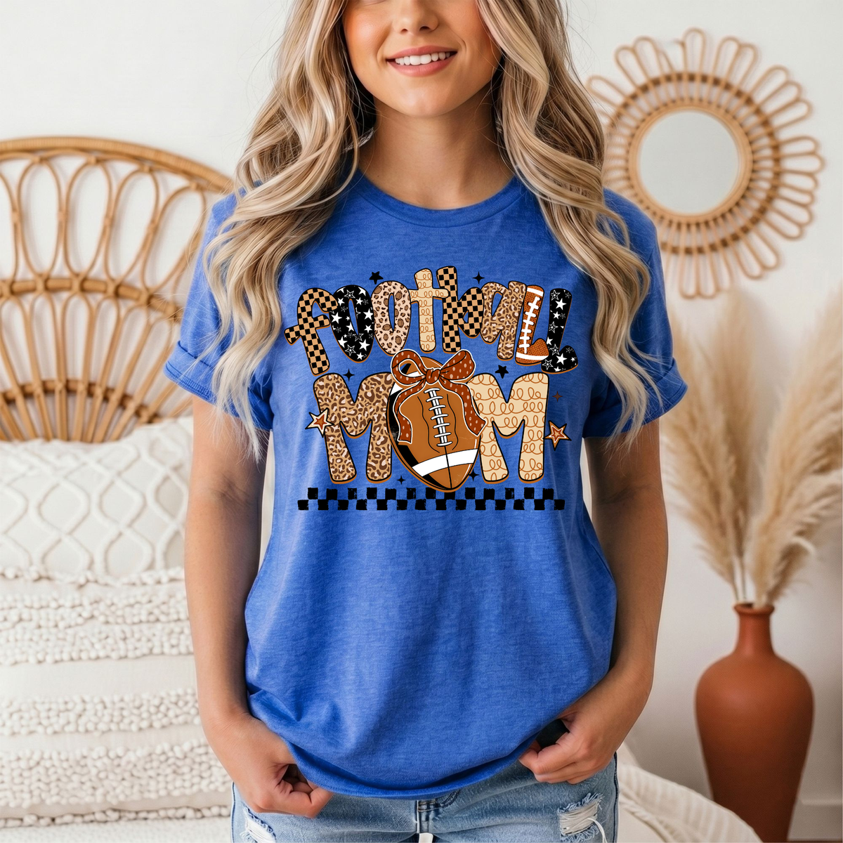 Football Mom Mixed Print Bow & Checkerboard Graphic Tee