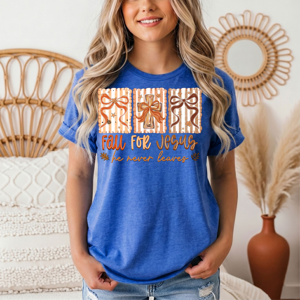 Fall for Jesus He Never Leaves Christian Graphic Tee