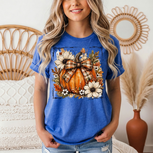 Fall Pumpkin Floral & Plaid Bow Graphic Tee