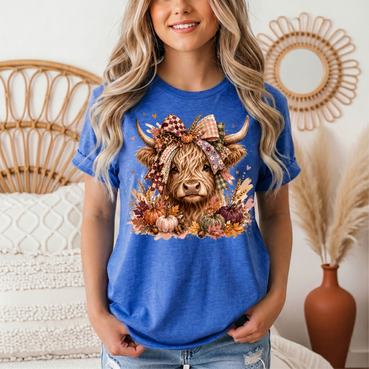 Fall Highland Cow Bow & Pumpkins Graphic Tee