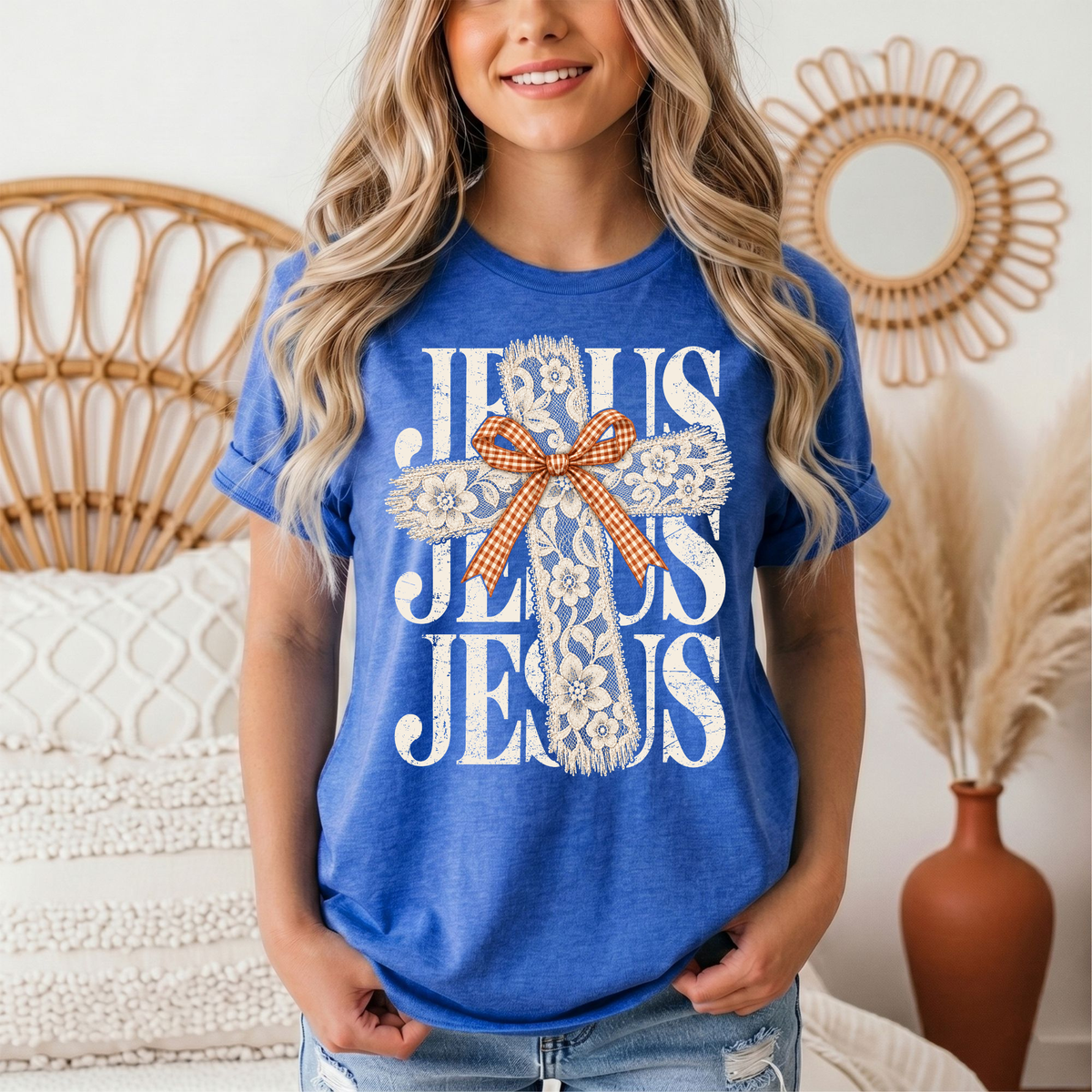 Jesus Lace Cross & Gingham Bow Christian Graphic Tee