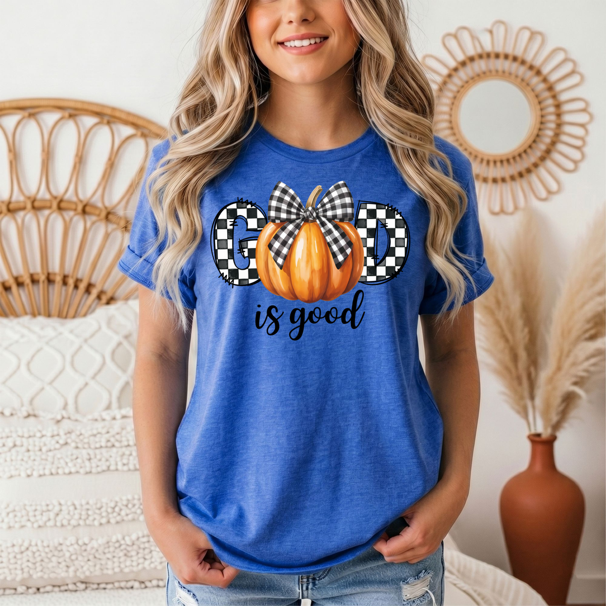 God Is Good Pumpkin & Gingham Bow Graphic Tee