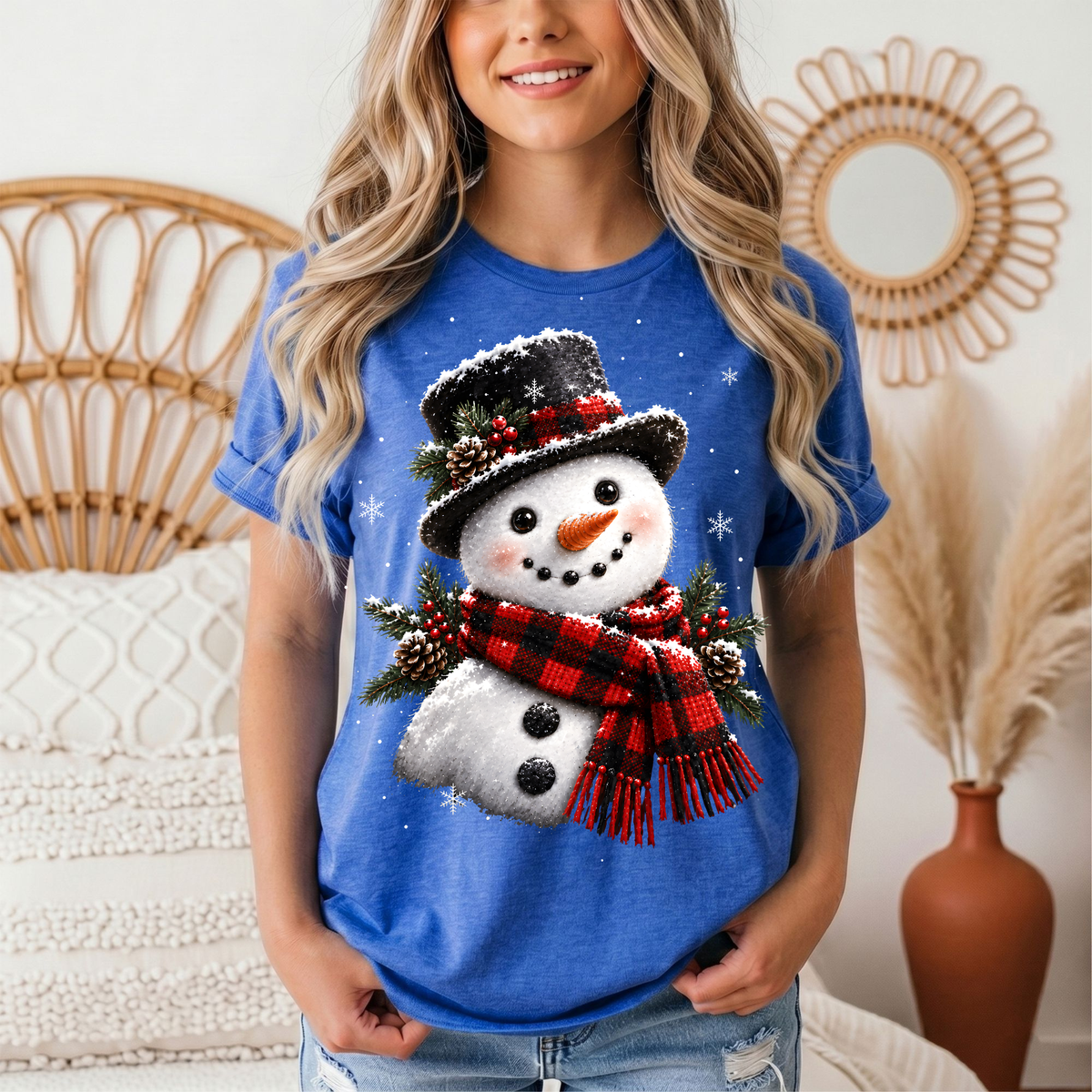 Snowman Buffalo Plaid Scarf Christmas Graphic Tee