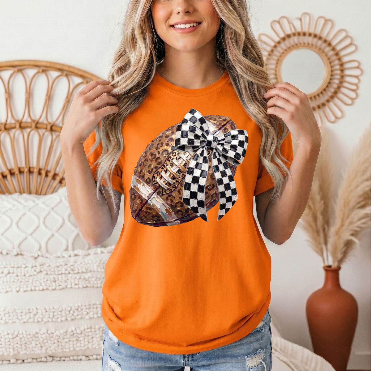 Leopard Football & Checkerboard Bow Graphic Tee