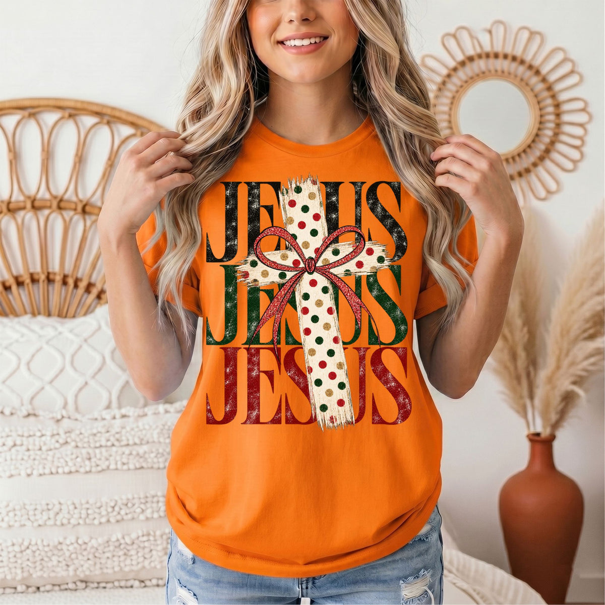 Jesus Christmas Cross & Bow Graphic Tee