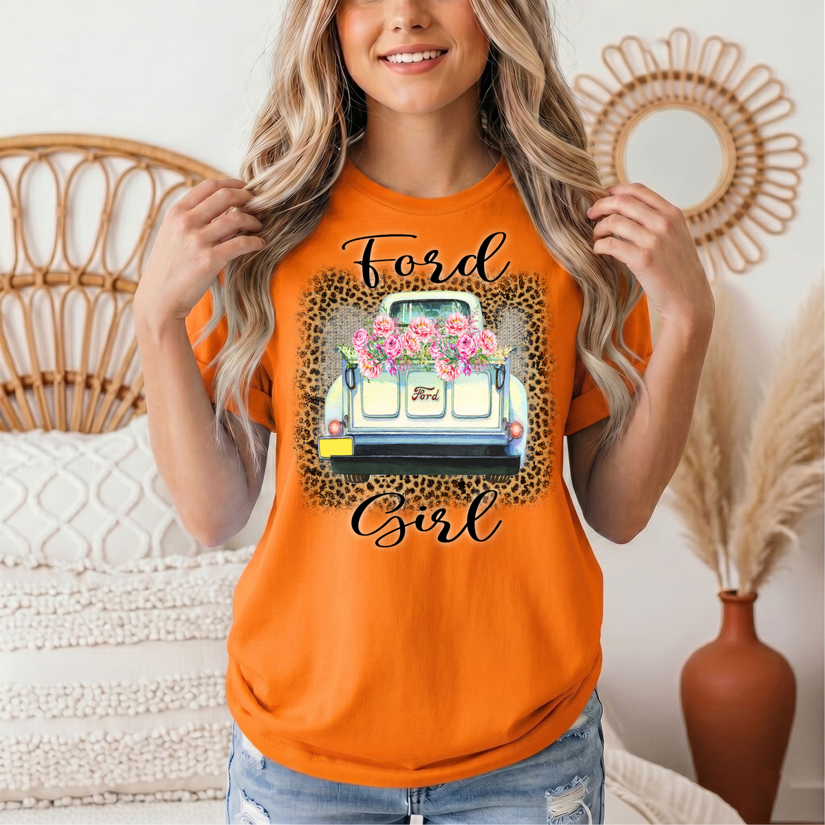 Ford Girl Floral Vintage Truck & Leopard Graphic Tee